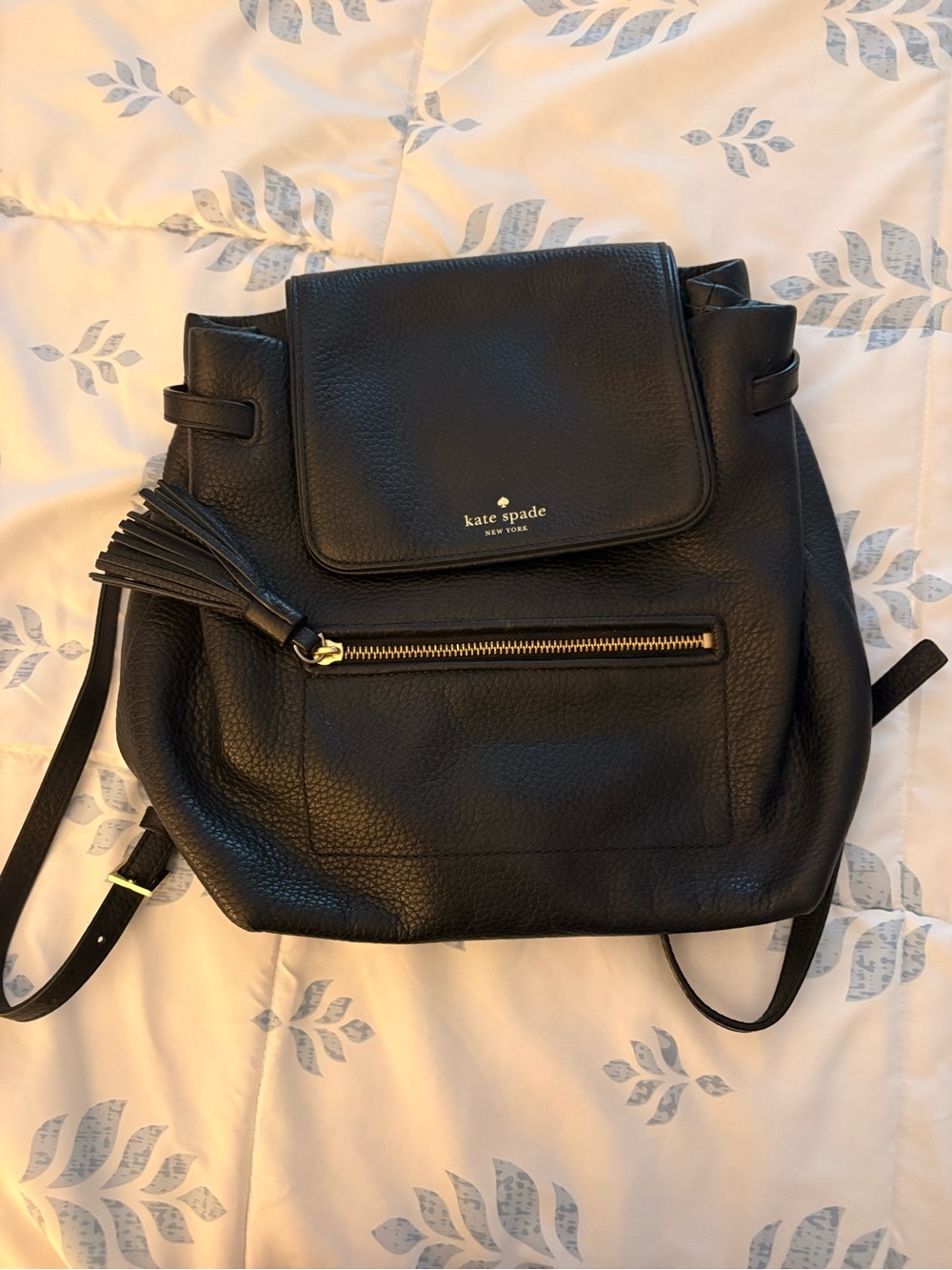 kate spade Black Pebbled Leather Backpack with Tassel and Front Zip